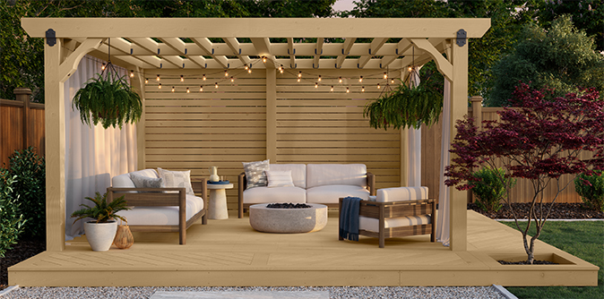 stained deck with furniture and pergola